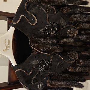 Reversible Shawl with Real Fur. Black Velvet/ Detailed Leather and Trim.